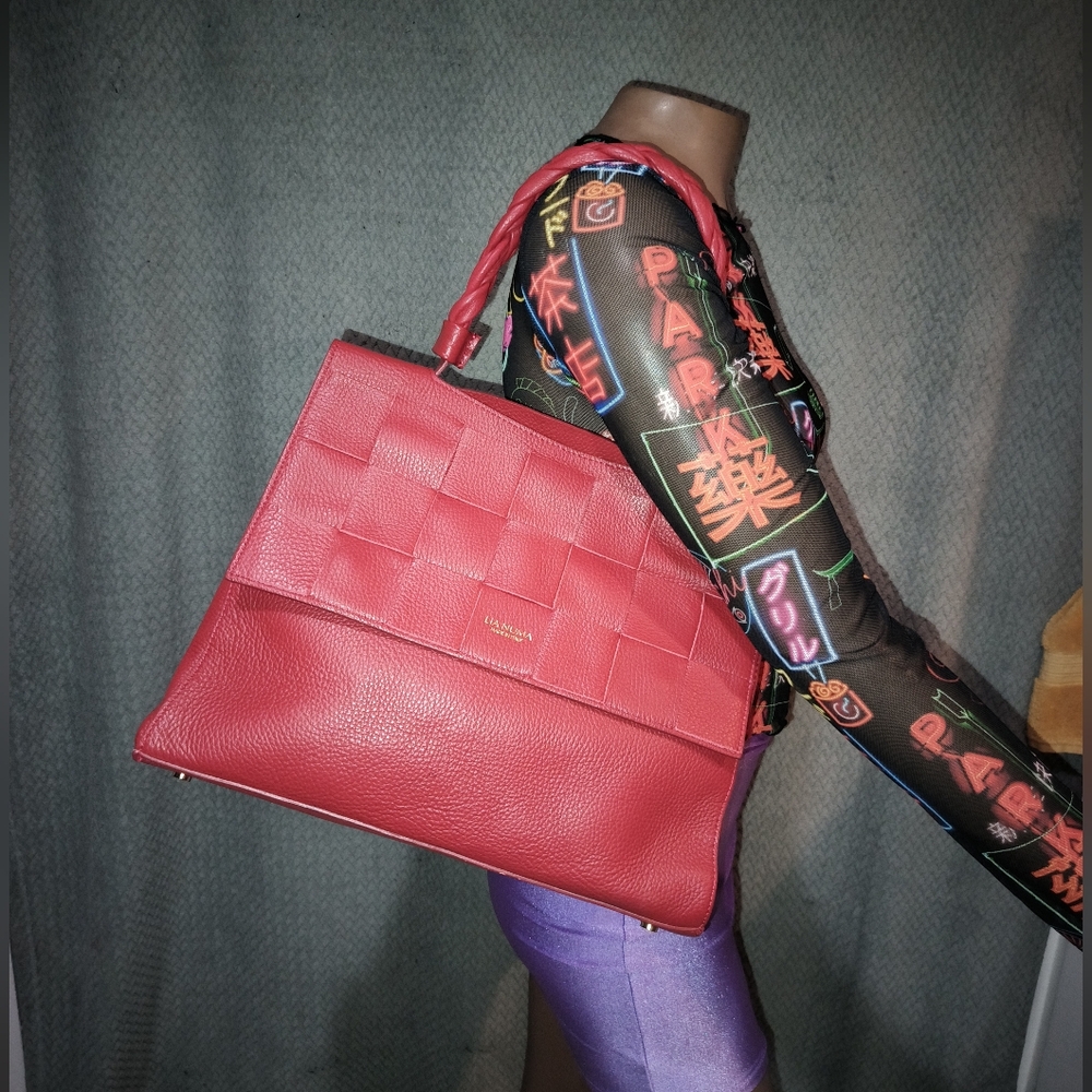 Lia Numa Red Leather Tote Satchel Woven Purse Made in Italy.